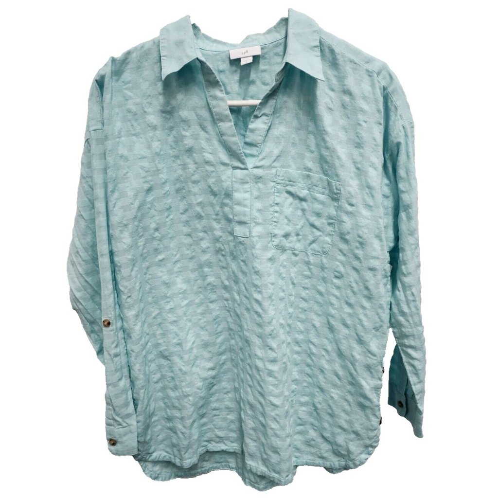 J. Jill Womens Tunic Top Medium Blue Long Sleeve Button Hem Collared Coastal